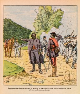 Die östliche Armee von Eugene Sergeant, genannt Grenest, illustriert von Louis Bombled (1862-1927) (Französisch-Deutscher Krieg; Feldzug von 1870-1871): Oberst Bourras während der Kämpfe in Brouvelieures im Oktober 1870, Privatbesitz
