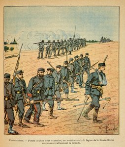 Die östliche Armee von Eugene Sergeant, genannt Grenest, illustriert von Louis Bombled (1862-1927) (Französisch-Deutscher Krieg; Feldzug von 1870-1871): In Provenchères, die Mobilisierten der 2. Legion der Oberen Marne gezwungen, sich unter der Überzahl de