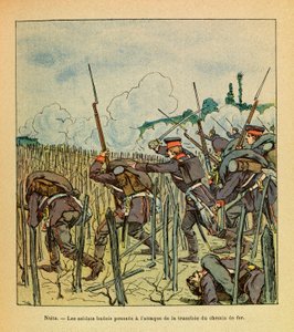 Die östliche Armee von Eugene Sergeant, genannt Grenest, illustriert von Louis Bombled (1862-1927) (Französisch-Deutscher Krieg; Feldzug von 1870-1871): Schlacht von Nuits-Saint-Georges; Badische Soldaten griffen im Dezember 1870 den Abschnitt der Eisenbah
