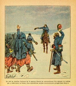 Die Ost-Armee von Eugene Sergeant, genannt Grenest, illustriert von Louis Bombled (1862-1927) (Deutsch-Französischer Krieg; Feldzug von 1870-1871): Der Anführer der Barberet-Bataillone der 4. Zuaven, löst sich, um ein Regiment von Mobilen zu befehligen, da von Louis Charles Bombled