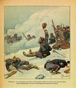Die Ost-Armee von Eugene Sergeant, genannt Grenest, illustriert von Louis Bombled (1862-1927) (Deutsch-Französischer Krieg; Feldzug von 1870-1871): Januar 1871, Hericourt, der Kommandant von Costa de Beauregard fällt, sein Oberschenkel bricht durch eine Ku