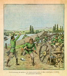 Die Armee des Ostens von Eugene Sergeant, illustriert von Louis Bombled: Ein französisches Detachement und Scharfschützen überquerten den Rhein und erschütterten die deutschen Brückenarbeiter, Private Sammlung von Louis Charles Bombled