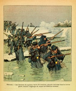 Die östliche Armee: Januar 1871, Hericourt, die Jäger von Hauptmann Sarda tauchen halb in das Eis der Lisaine ein, um den Feind lange aufzuhalten von Louis Charles Bombled