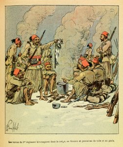 Die östliche Armee: Januar 1871, die Turcos des 1. Regiments biwakieren im Schnee, in Blusen und Hosen aus Segeltuch und barfuß von Louis Charles Bombled