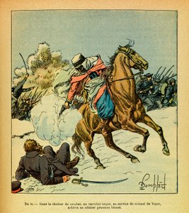 Die östliche Armee von Eugene Sergeant, genannt Grenest, illustriert von Louis Bombled (1862-1927) (Deutsch-Französischer Krieg; Feldzug von 1870-1871): Januar 1871, ein schwarzer Reiter im Dienst von Oberst De Vezet tötet einen verwundeten preußischen Off von Louis Charles Bombled