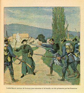 Die Ostarmee von Eugene Sergeant, bekannt als Grenest, illustriert von Louis Bombled (1862-1927) (Deutsch-Französischer Krieg; Feldzug von 1870-1871): Abbe Barret verlässt Devecey, um sich den Franzosen anzuschließen, wurde während der Kämpfe bei Cussey vo von Louis Charles Bombled