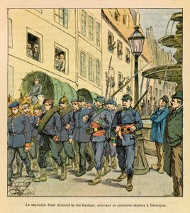 Die Ostarmee von Eugene Sergeant, bekannt als Grenest, illustriert von Louis Bombled (1862-1927) (Deutsch-Französischer Krieg; Feldzug von 1870-1871): Hauptmann Huot geht die Rue Battant in Besancon hinunter mit preußischen Gefangenen, die in Bethoncourt l