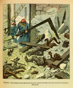 Die Armee des Ostens von Eugene Sergeant, bekannt als Grenest, illustriert von Louis Bombled (Deutsch-Französischer Krieg; Feldzug von 1870-1871): Januar 1871, Schlacht von Villersexel, französische Soldaten entfernen aus einem Haus die Überreste deutscher von Louis Charles Bombled