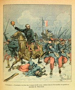 Die Armee des Ostens von Eugene Sergeant, bekannt als Grenest, illustriert von Louis Bombled (Deutsch-Französischer Krieg; Feldzug von 1870-1871): Januar 1871, General Bourbaki an der Spitze der Truppen des 20. Korps, die unter schrecklichem Feuer die erst