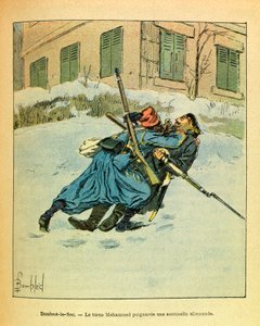 Die östliche Armee von Eugene Sergeant, bekannt als Grenest, illustriert von Louis Bombled (1862-1927) (Französisch-Deutscher Krieg; Feldzug von 1870-1871): In Dombrot Le Sec ersticht der Türke Mohammed einen deutschen Wachposten, Privatbesitz von Louis Charles Bombled
