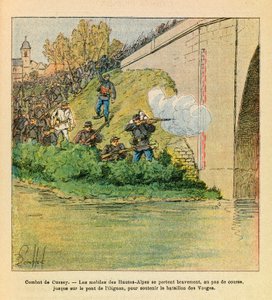 Die Ost-Armee von Eugene Sergeant, illustriert von Louis Bombled: Die Mobilen der Hautes Alpes helfen dem Bataillon der Vogesen von Louis Charles Bombled