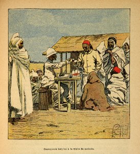 Der Krieg in Madagaskar - Anekdotische Geschichte der französischen Expeditionen von 1885-1895 von Henri Galli dit Galllichet (1854-1922), illustriert von Louis Bombled (1862-1927): Kabiles Konvois bei einem Besuch eines Militärarztes, Private Sammlung von Louis Charles Bombled
