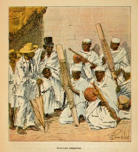 Der Krieg in Madagaskar - Anekdotische Geschichte der französischen Expeditionen von 1885-1895 von Henri Galli dit Galllichet, illustriert von Louis Bombled: Madagassische Musiker im 19. Jahrhundert