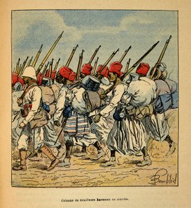 Der Krieg in Madagaskar - Anekdotische Geschichte der französischen Expeditionen von 1885-1895 von Henri Galli, illustriert von Louis Bombled: Kolonne der Haussa-Tirailleurs marschiert 1895