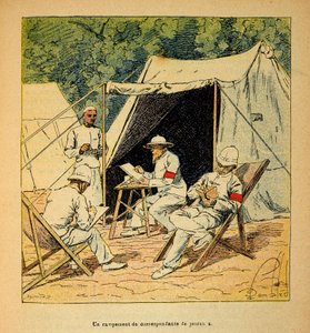 Der Krieg in Madagaskar - Anekdotische Geschichte der französischen Expeditionen von 1885-1895 von Henri Galli, illustriert von Louis Bombled: Ein Lager von Zeitungskorrespondenten in Madagaskar 1895 von Louis Charles Bombled