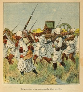 Der Krieg in Madagaskar - Anekdotische Geschichte der französischen Expeditionen von 1885-1895 von Henri Galli, illustriert von Louis Bombled: Gefangene Hovas transportieren Artillerieteile