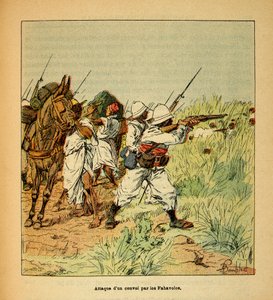 Der Krieg in Madagaskar - Anekdotische Geschichte der französischen Expeditionen von 1885-1895 von Henri Galli dit Galllichet, illustriert von Louis Bombled: Angriff auf einen Militärkonvoi durch die Fahavolos von Louis Charles Bombled