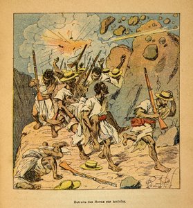 Der Krieg in Madagaskar - Anekdotische Geschichte der französischen Expeditionen von 1885-1895 von Henri Galli dit Galllichet (1854-1922), illustriert von Louis Bombled (1862-1927): Rückzug der Hovas auf Andriba, Privatbesitz