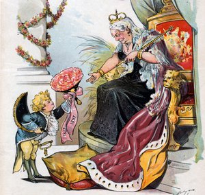 Puck verbeugt sich und überreicht Königin Victoria einen Blumenstrauß mit der Aufschrift "1837 1897" von Louis Dalrymple