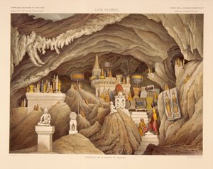 Innenraum eines Höhlentempels in Laos, Druck von F. Sorrieu, Illustration aus 