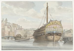 Ansicht des Hafens mit Galeerenschiff in der Nähe der Werft (Voyage en Italie, en Sicile et à Malte - 1778) von Louis Ducros