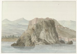 Felsen und Stadt Scilla in der Region Kalabrien, vom Meer aus gesehen