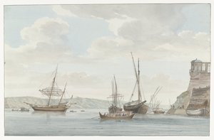 Gartenhaus des Jardin du Grand Maître über dem Hafen mit Galeerenschiffen auf Malta von Louis Ducros