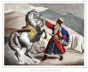 Ein Tartare und Fragmente des Löwen von Cheronnee. in "Reise nach Athen und Konstantinopel, oder Sammlung griechischer und osmanischer Porträts, Ansichten und Kostüme, vor Ort gemalt, lithographiert und koloriert von Louis Dupre (1789-1837), Schüler von Da