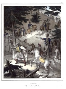 Der Pindos, Durchquerung von Janina nach Trikala. in "Reise nach Athen und Konstantinopel, oder Sammlung griechischer und osmanischer Porträts, Ansichten und Kostüme, vor Ort gemalt, lithographiert und koloriert von Louis Dupre (1789-1837), veröffentlicht 