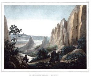 Die Meteore von Thessalien und der Pindos (Landschaft von Klippen und Felsen). in "Reise nach Athen und Konstantinopel, oder Sammlung griechischer und osmanischer Porträts, Ansichten und Kostüme, vor Ort gemalt, lithographiert und koloriert von Louis Dupre von Louis Dupré