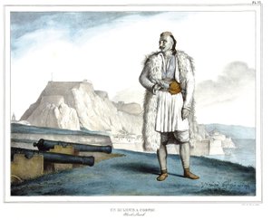 Ein Suliote auf Korfu, Nicolo Pervoli, in „Reise nach Athen und Konstantinopel, oder Sammlung griechischer und osmanischer Porträts, Ansichten und Kostüme, vor Ort nach der Natur gemalt, lithografiert und koloriert von Louis Dupre (1789-1837), Schüler von von Louis Dupré