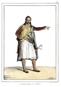 Chef der Palikares de la Scllade, in „Reise nach Athen und Konstantinopel, oder Sammlung griechischer und osmanischer Porträts, Ansichten und Kostüme, nach der Natur gemalt, lithografiert und koloriert von Louis Dupre (1789-1837), Schüler von David.1825.