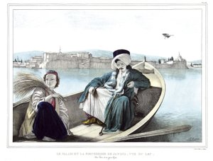 Der Palast und die Festung von Janina, vom See aus gesehen. Ein Türke und ein junger Grieche. in „Reise nach Athen und Konstantinopel, oder Sammlung griechischer und osmanischer Porträts, Ansichten und Kostüme, nach der Natur gemalt, lithographiert und kol von Louis Dupré