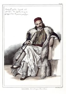Vasili Gouda, Adjutant von Marc Botzaris (1788-1823). in „Reise nach Athen und Konstantinopel, oder Sammlung griechischer und osmanischer Porträts, Ansichten und Kostüme, nach der Natur gemalt, lithographiert und koloriert von Louis Dupre (1789-1837) von Louis Dupré