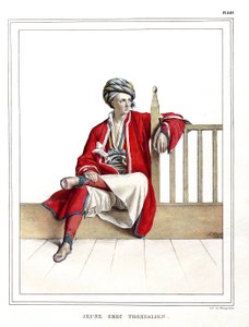 Junger griechischer Thessalier. in „Reise nach Athen und Konstantinopel, oder Sammlung griechischer und osmanischer Porträts, Ansichten und Kostüme, nach der Natur gemalt, lithografiert und koloriert von Louis Dupre (1789-1837), Schüler von David.1825. von Louis Dupré