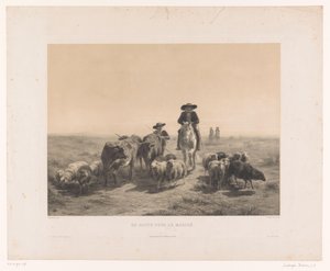 Bauer und Hirte mit Kühen und Schafen auf dem Weg zum Markt von Louis Emmanuel Soulange Teissier