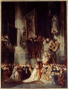 Eine Zeremonie in der Kirche von Delft. Gemälde, das eine Hochzeit in Holland im 16. Jahrhundert darstellt. Gemälde von Louis Gabriel Eugene Isabey (1803-1886) von Louis Eugene Gabriel Isabey