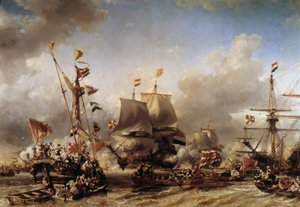 Anglo-Niederländischer Krieg: „Einschiffung des niederländischen Admirals Michel Adrien Ruyter und William de Witt für die Schlacht von Texel“ (Louis Gabriel Eugene Isabey) von Louis Eugene Gabriel Isabey