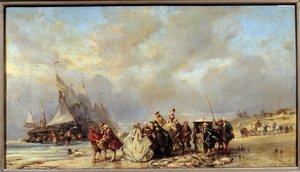 Herren am Strand von Scheveningen beim Fischkauf (18. Jahrhundert) von Louis Eugene Gabriel Isabey
