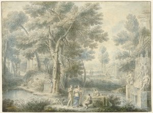 Arkadische Landschaft, rechts ein Brunnen