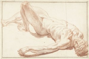 Studie eines männlichen Aktes, auf dem Rücken liegend, mit gestrecktem Bein