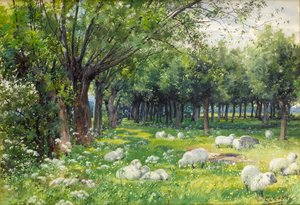 Schafe in einem Obstgarten im Frühling von Louis Fairfax Muckley