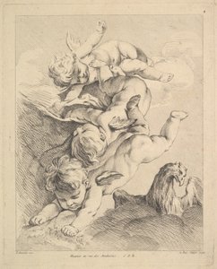 Drei Cupidos machen einen Purzelbaum, ein Adler rechts