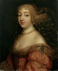 Porträt einer Dame, gesagt Laura Mancini, Herzogin von Mercoeur, Brustlänge, in einem roten Kleid, mit einer Perlenkette und Ohrringen von Louis Ferdinand Elle