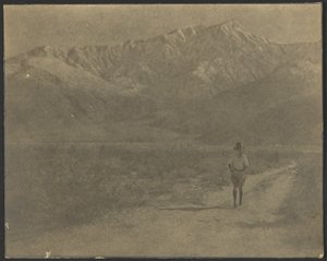 Frau auf einem Weg zu den Bergen gehend von Louis Fleckenstein