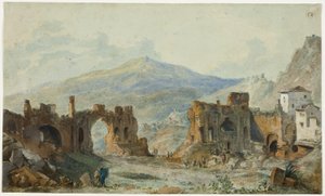 Das antike Theater von Taormina mit Blick auf den Ätna, Studie für Saint Nons Voyage Pittoresque de Naples et de Sicile von Louis Francois Cassas