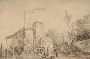 Bauernhaus an einem Fluss mit Figuren, 1765 von Louis Gabriel Moreau