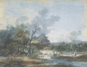 Hirtin in der Nähe eines Wasserfalls, n.d.