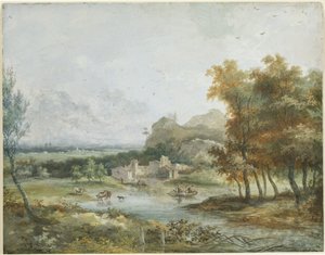 Italienische Landschaft mit einer Bootsfahrt von Louis Gabriel Moreau the Elder