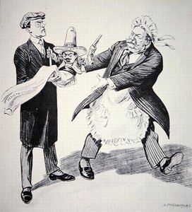 Amerikanische Karikatur, die zeigt, wie Präsident Taft die problematische "mexikanische Situation" an seinen Nachfolger Woodrow Wilson im Jahr 1913 übergibt (Lithografie)